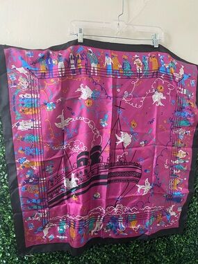 Perry Ellis Magenta Nautical Print Silk-Look Scarf with Black Border